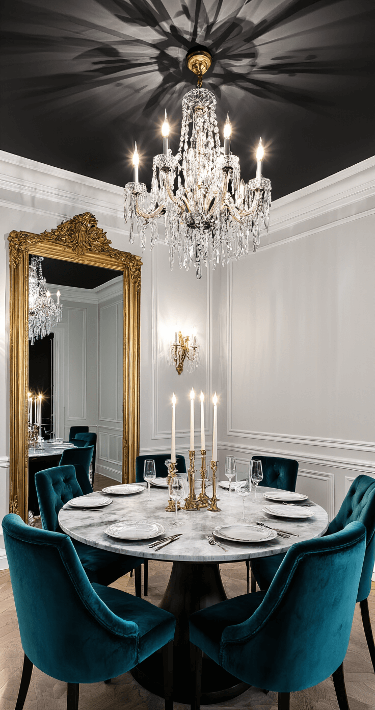 Dramatic dining room featuring soft black walls, a crystal chandelier casting intricate shadows, a round marble table with deep teal velvet chairs, and a large gilt-framed mirror reflecting candlelight, all captured from a low corner angle.