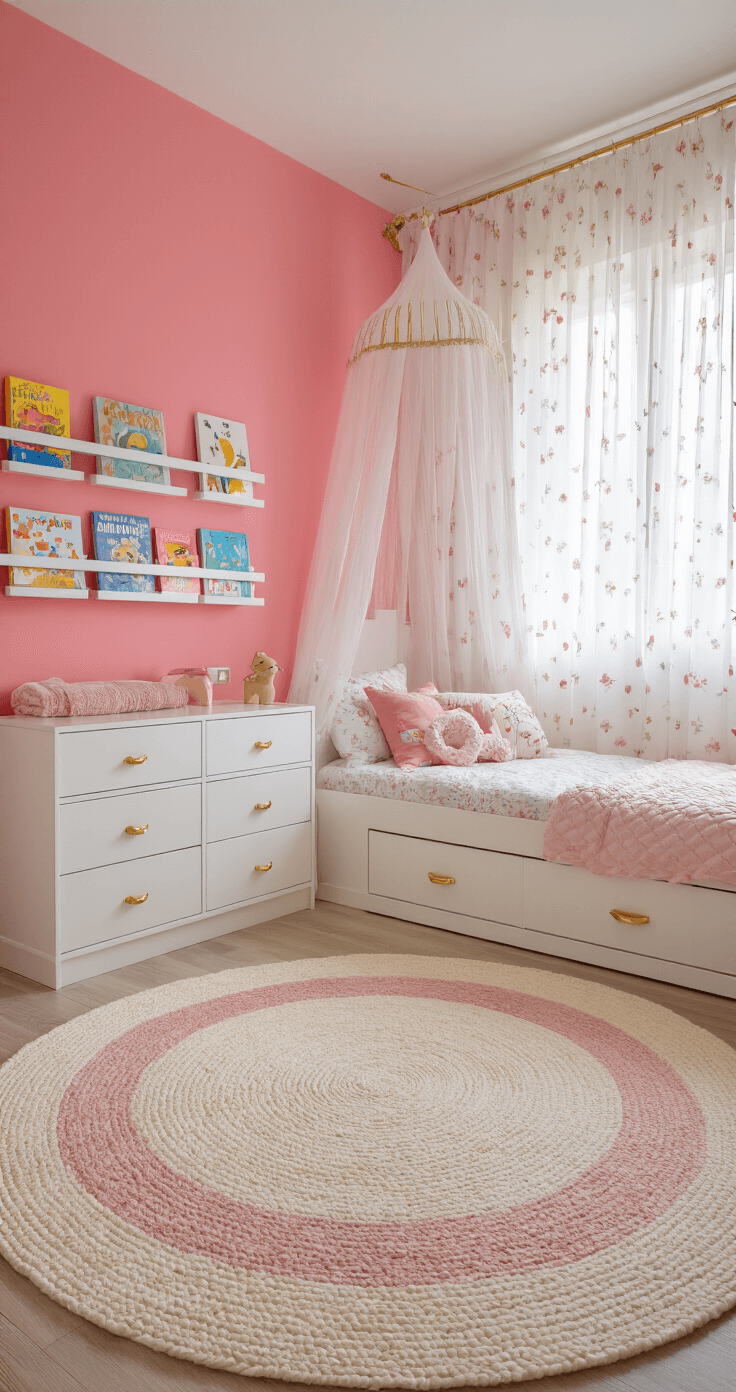 A playful child's bedroom featuring a bubblegum pink accent wall, white furniture with gold accents, layered cream and blush rugs, sheer floral-patterned curtains, and wall-mounted bookshelves filled with colorful books and toys, all captured from a child's eye level.