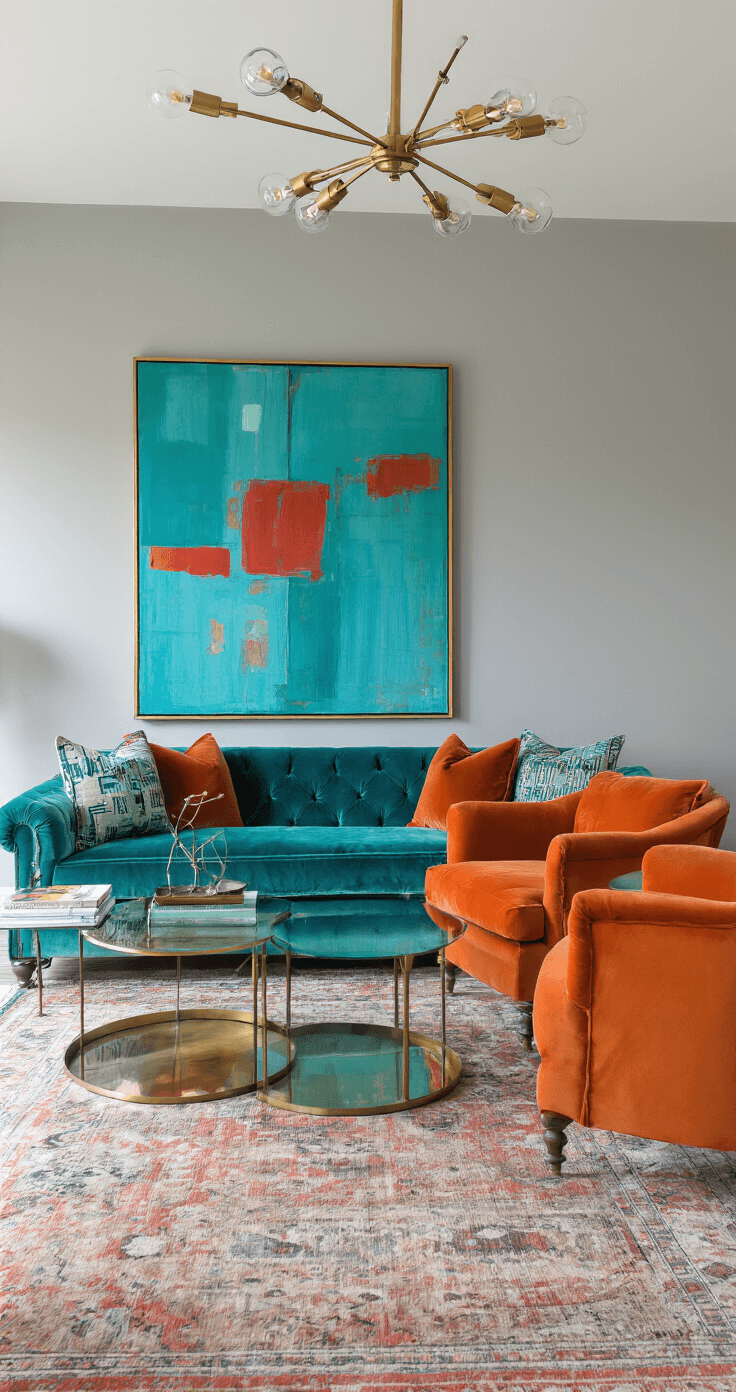 Eclectic living room featuring a teal velvet sofa, burnt orange armchairs, and large-scale abstract art, with layered vintage rugs and a brass and glass coffee table, captured from a slightly elevated wide-angle perspective.
