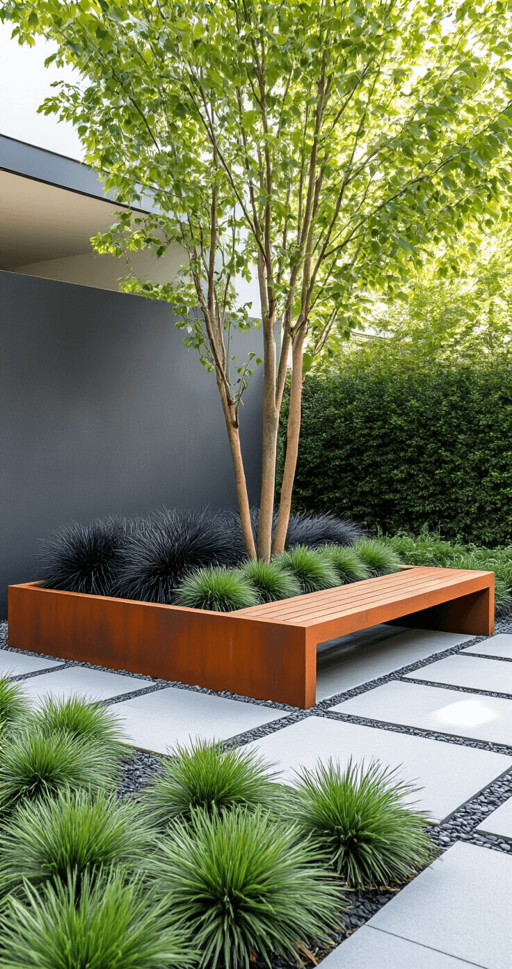 A contemporary minimalist garden featuring a 10ft square corten steel edging with a sculptural arrangement of black mondo grass and white rocks, alongside a modern teak bench on a geometric paver pad, all captured in high-key lighting to highlight textures and strong lines.