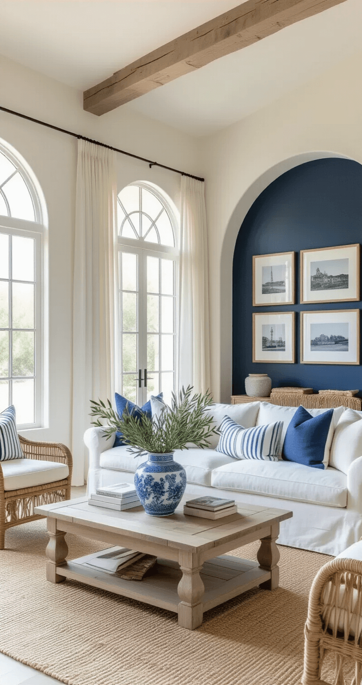 Paint Color Combos That'll Make Your Home Pop: A Designer's Guide A sunlit Mediterranean-inspired living room featuring a white linen sofa with blue and white striped pillows, a distressed wood coffee table with an olive branch vase, rattan armchairs, and whitewashed walls contrasting with a navy blue accent wall adorned with black and white coastal prints, all enhanced by sheer curtains and a sisal rug.