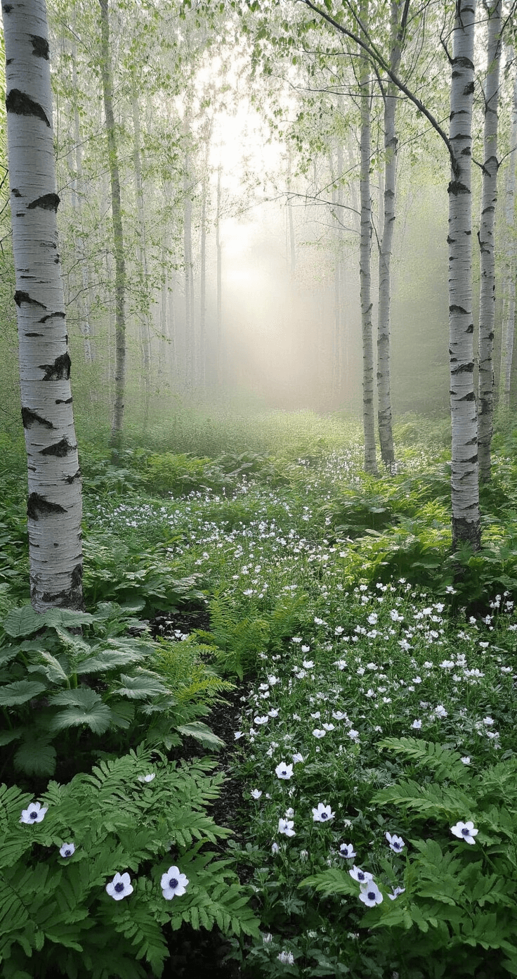 A tranquil woodland garden at dawn featuring clusters of birch trees, native ferns, bleeding hearts, and wood anemones in naturalistic drifts, with morning mist lingering and dewdrops glistening in soft, ethereal light. The scene captures a palette of misty greens, silver gray, pale pink, and white, with telephoto compression adding depth to the layered plants.