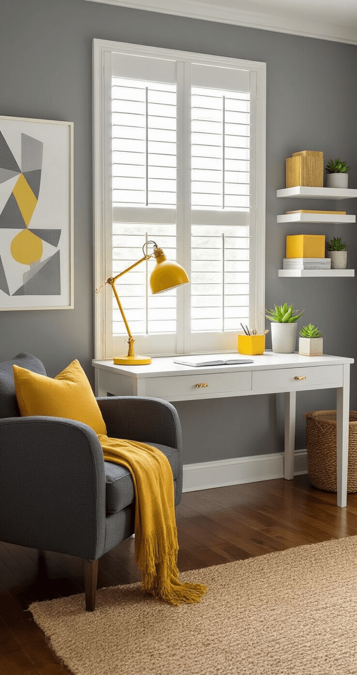 Paint Color Combos That'll Make Your Home Pop: A Designer's Guide A close-up of a cozy home office desk bathed in soft morning light, featuring a sleek white desk with a yellow task lamp, golden office accessories, and a warm gray wall background adorned with abstract art. A plush charcoal gray armchair with a mustard throw and a jute rug complete the inviting space.