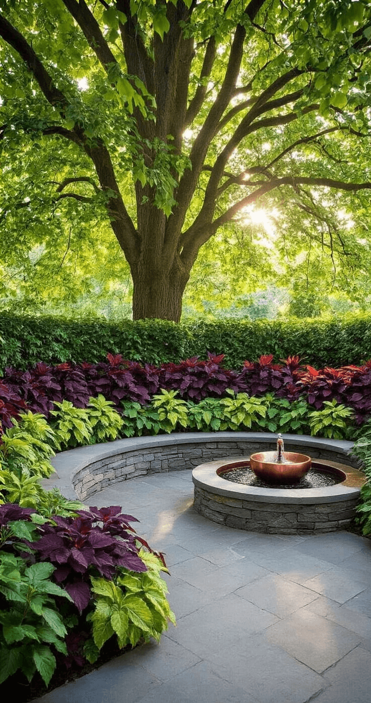 A circular garden room under a beech tree with an 18ft diameter, featuring curved stone seating walls and vibrant coleus plants in burgundy, lime, and purple. A copper water feature serves as the focal point, surrounded by dramatic back-lighting filtering through the leaves, highlighting the rich color palette of copper tones, deep jewel colors, and weathered stone gray.
