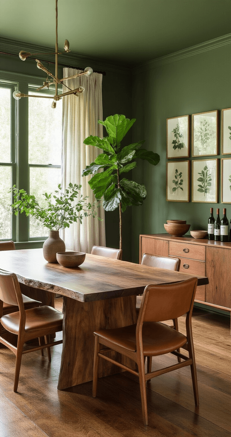 Paint Color Combos That'll Make Your Home Pop: A Designer's Guide A cozy dining room featuring forest green walls and rich brown hardwood floors, illuminated by warm dusk light through sheer linen curtains. A live-edge walnut dining table is surrounded by mid-century modern cognac leather chairs, with a modern brass chandelier above. A large fiddle leaf fig tree stands in the corner, and a gallery wall of botanical prints adds interest. A vintage sideboard displays earthy ceramics and wine bottles, captured in a wide shot from the doorway.