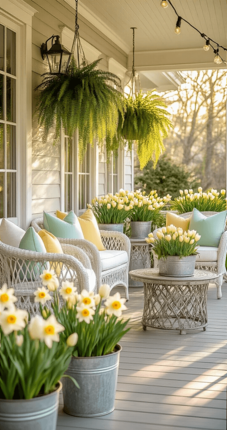A sunlit covered front porch with rattan chairs, pastel cushions, and vintage planters, adorned with string lights, captured at golden hour.