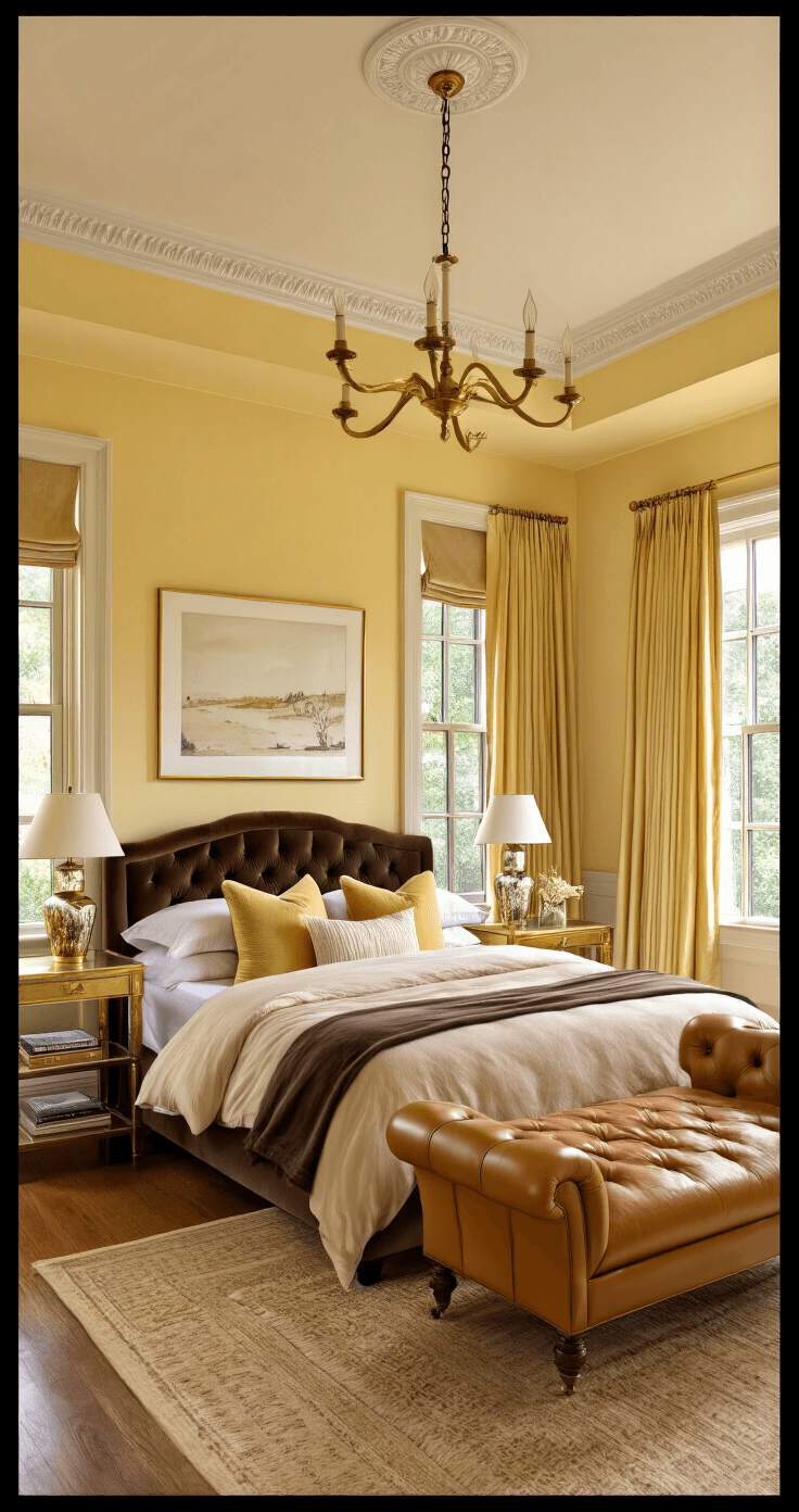Paint Color Combos That'll Make Your Home Pop: A Designer's Guide A luxurious master bedroom with buttery yellow walls and cocoa brown accents, featuring a king-size bed with a tufted chocolate velvet headboard, layered creamy linens, and decorative pillows. Sheer golden drapes filter early morning light, and gold-leafed nightstands with mercury glass lamps flank the bed. A caramel leather chaise lounge is positioned in the bay window, and a plush cream area rug softens the hardwood floors. Ornate gold-framed mirrors and abstract art add a touch of glamour, captured in a low angle shot from the corner.
