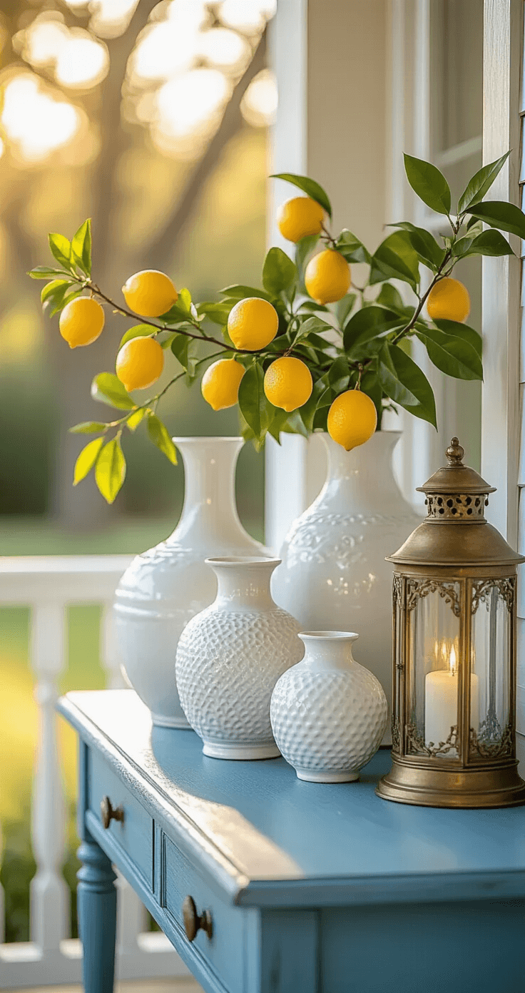 Close-up of a porch corner showcasing a weathered blue console table adorned with white ceramic vases of varying heights and fresh lemon tree branches in the tallest vase. A vintage brass lantern adds a warm accent, all captured in natural light with shallow depth of field emphasizing the pottery's intricate details.