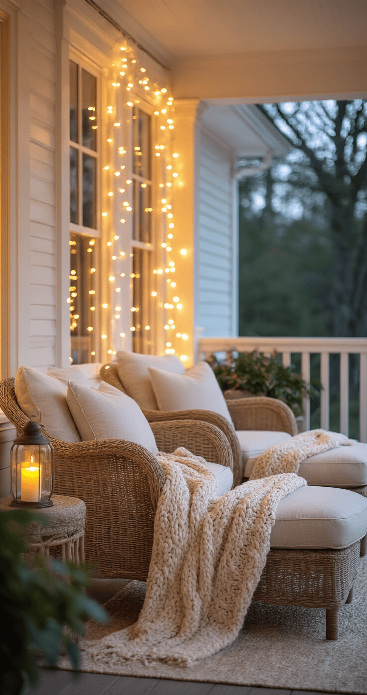 Twilight scene of a cozy porch with oversized natural linen armchair and ottoman, adorned with a chunky cream throw, fairy lights reflecting in window panes, and a side table with a hurricane lamp and battery candle, all illuminated by soft warm-white and cool blue hour lighting.
