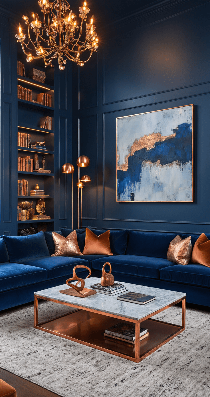Paint Color Combos That'll Make Your Home Pop: A Designer's Guide A dramatic living room with deep navy blue walls, warm ambient lighting, a velvet midnight blue sectional with copper accents, a sleek marble coffee table, floor-to-ceiling bookshelves, a large abstract painting, and herringbone hardwood floors, captured from an elevated angle.