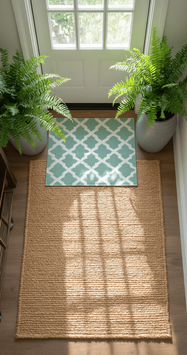 Overhead view of a porch entrance featuring a large jute rug layered with a smaller mint and white geometric patterned mat, flanked by tall gray ceramic planters with lush ferns, illuminated by gentle morning light.
