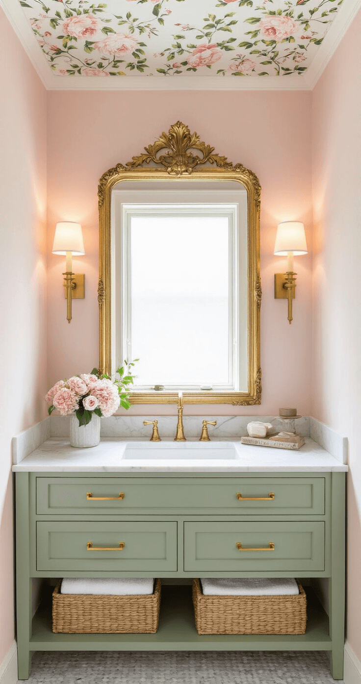 Paint Color Combos That'll Make Your Home Pop: A Designer's Guide Close-up of a sophisticated powder room featuring a sage green floating vanity, white marble countertop, and brass fixtures, against soft blush pink walls. The space is illuminated by warm LED sconces and natural light from a frosted window, with open shelving displaying decorative items in pink, green, and gold, and delicate floral wallpaper on the ceiling. Matte white penny tile flooring completes the serene aesthetic.