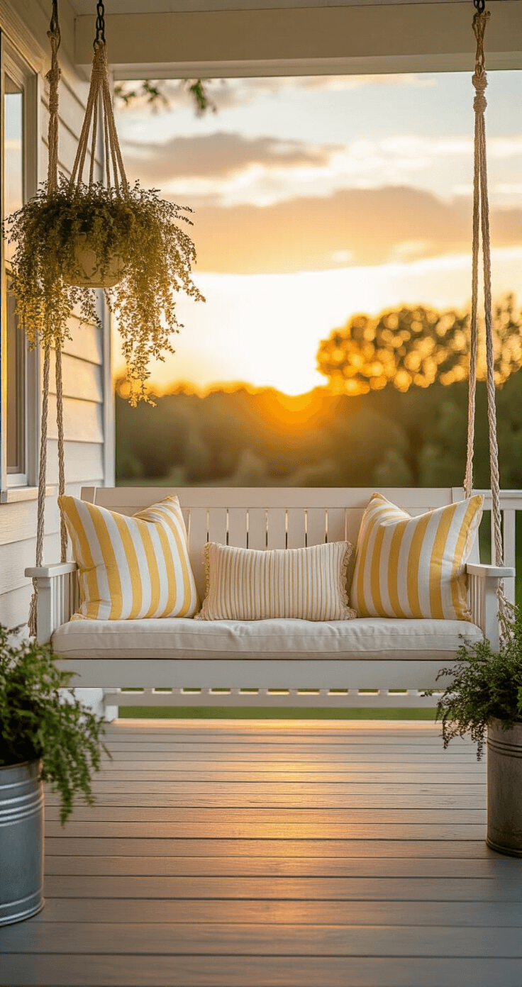 Eye-level view of a modern farmhouse porch swing at sunset, featuring a 6ft distressed white wooden swing adorned with pastel yellow striped cushions and coordinating lumbar pillows. A macramé plant hanger with trailing vines is nearby, and an antique milk can serves as a side table. The scene is illuminated by a golden backlight, enhancing the dreamy atmosphere and capturing the gentle swing movement.
