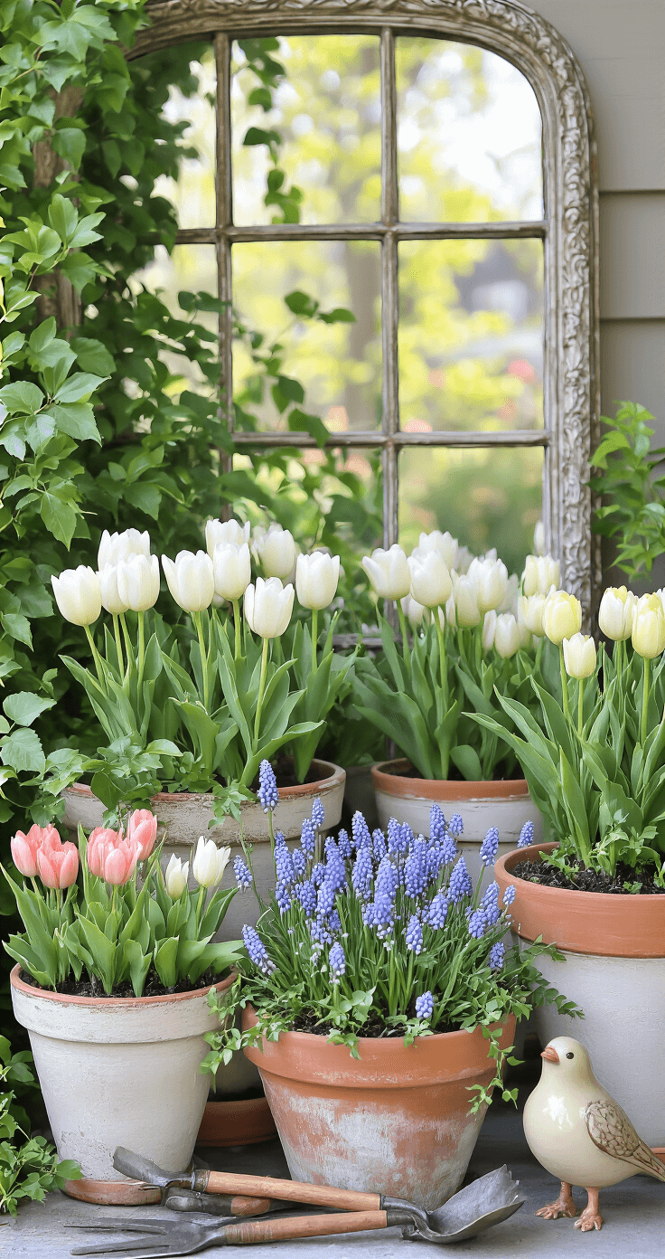 A vignette of a corner garden arrangement featuring white-washed terracotta pots of varying sizes filled with tulips, muscari, and trailing ivy, with an antiqued mirror reflecting the scene and vintage gardening tools alongside a small ceramic bird figurine.