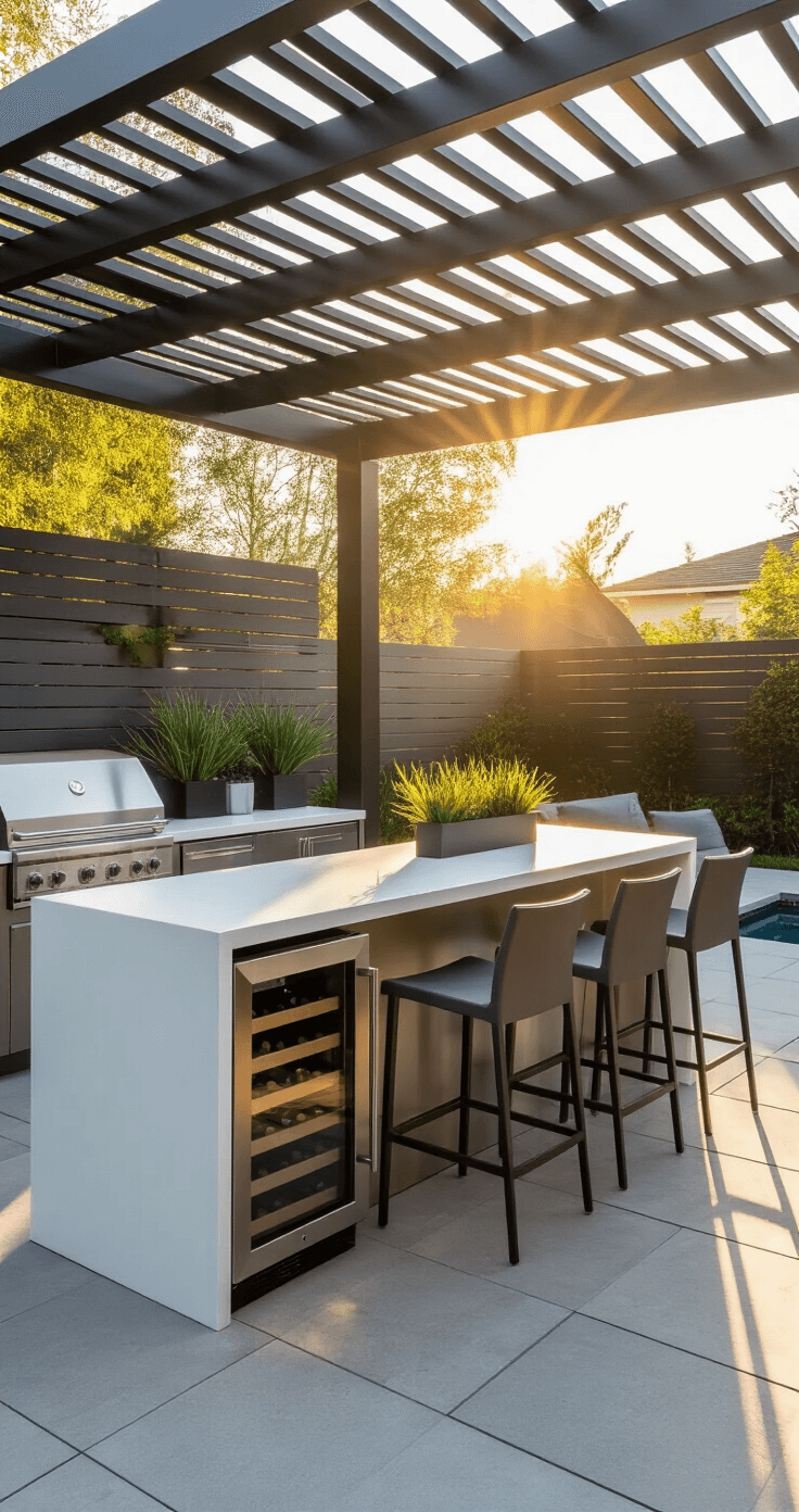 A luxurious 20x30ft backyard patio at golden hour featuring a modern L-shaped brushed stainless steel outdoor bar with a white quartz countertop, four charcoal grey bar stools, geometric shadows from a pergola, minimalist potted plants, and LED strip lighting, all in cool greys and whites with metallic accents.