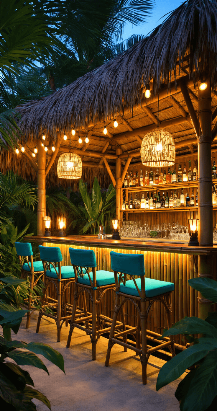 Intimate tropical-themed outdoor bar at dusk featuring a bamboo tiki bar with thatched roof, illuminated by string lights and tiki torches, surrounded by lush plants, vibrant turquoise stools with Sunbrella cushions, and warm rattan pendant lights.
