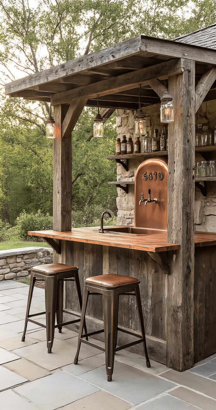 Rustic farmhouse-style outdoor bar made of reclaimed barn wood, featuring a copper sink and vintage taps, set against a stone patio. Distressed metal bar stools with leather seats surround the bar, illuminated by mason jar fixtures in warm natural lighting.