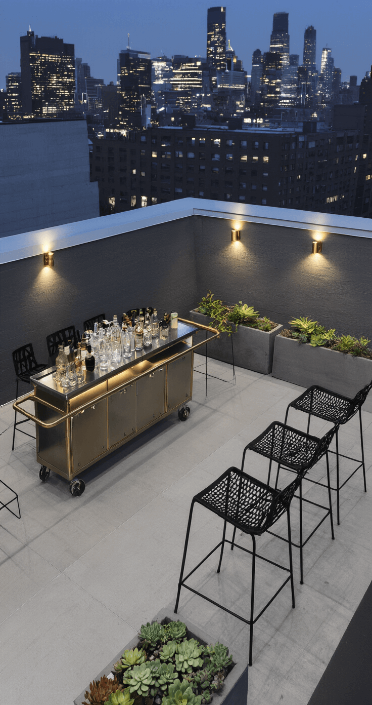 A contemporary rooftop bar at twilight featuring a portable metallic bar cart with industrial elements, black metal geometric stools, and polished concrete flooring reflecting ambient light, set against an urban skyline backdrop with minimalist succulent arrangements in concrete planters.