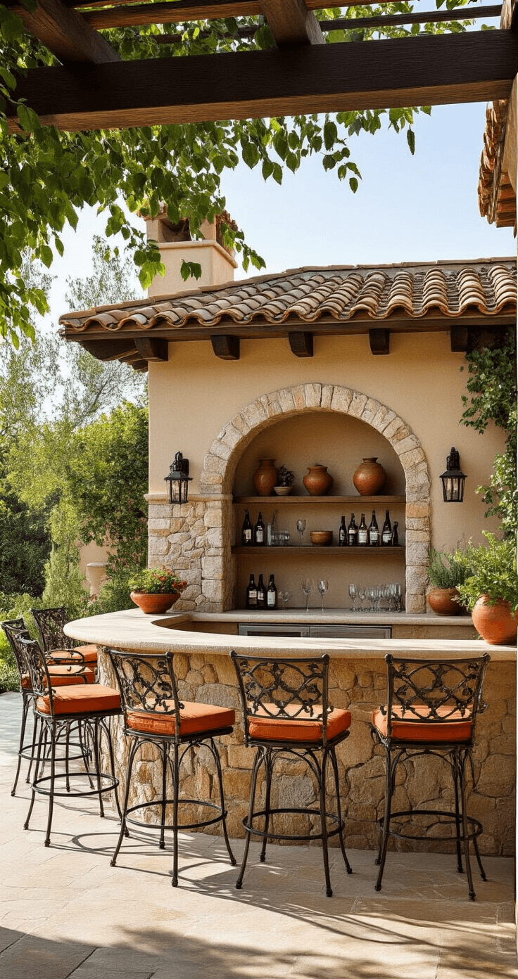 A Mediterranean-inspired outdoor bar with a natural stone facade and terra cotta tile roof, featuring a custom wooden pergola for shade. Wrought iron bar stools in warm terracotta tones are arranged around the bar. The scene is illuminated by late morning light, highlighting the texture of the stonework, with warm earth tones contrasted by deep blues and greens, complemented by ceramic pottery and trailing vines.