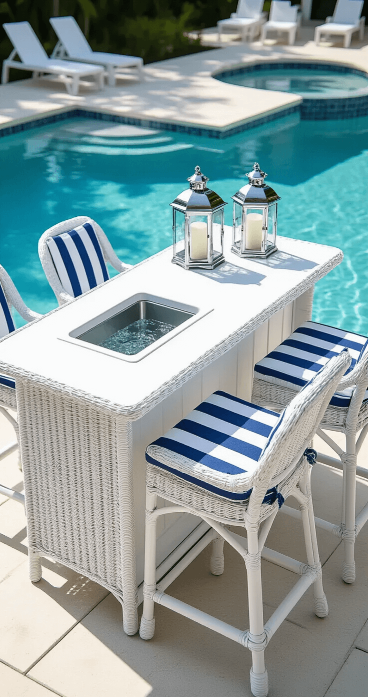Coastal-themed portable resin wicker bar set against a pool backdrop at midday, featuring a weatherproof white HDPE bar top with built-in cooler, navy and white striped bar stools, and chrome hardware, with water reflections and hurricane lanterns enhancing the bright whites and ocean blues of the scene.
