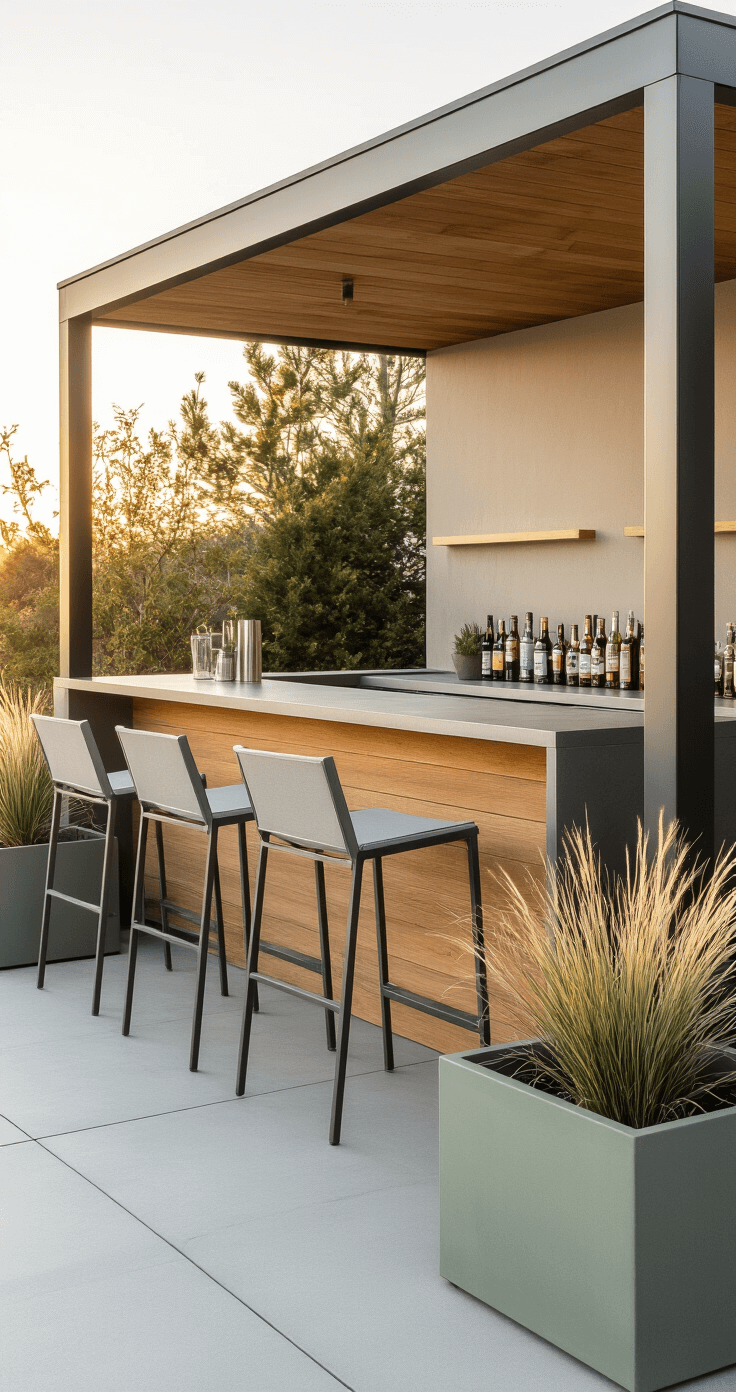 Modern Scandinavian outdoor bar space at sunset, showcasing an aluminum frame structure with warm wood accents, minimalist design, light grey performance fabric bar stools, and geometric planters with ornamental grasses, highlighting the indoor-outdoor flow in a neutral palette with sage green accents.