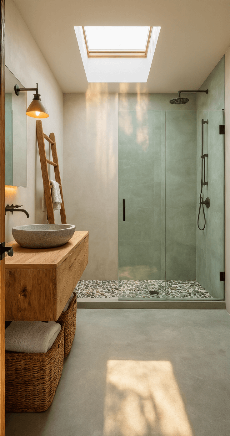 An intimate modern bathroom bathed in golden hour light, featuring a frameless glass shower, wooden vanity with a stone sink, and warm colors of white, sage green, and natural wood tones.