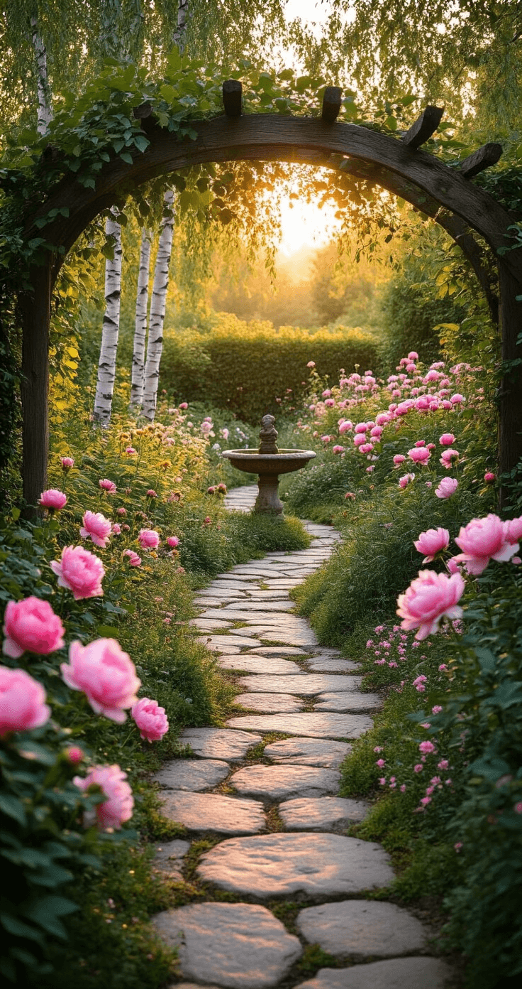 A dreamy cottage garden at golden hour, featuring a winding stone path surrounded by pink David Austin roses and blush peonies, dappled light filtering through tall white birch trees, with texture in the stone path and layers of astilbe, creeping thyme, an aged moss-covered bird bath, and climbing pink clematis on a wooden arch.