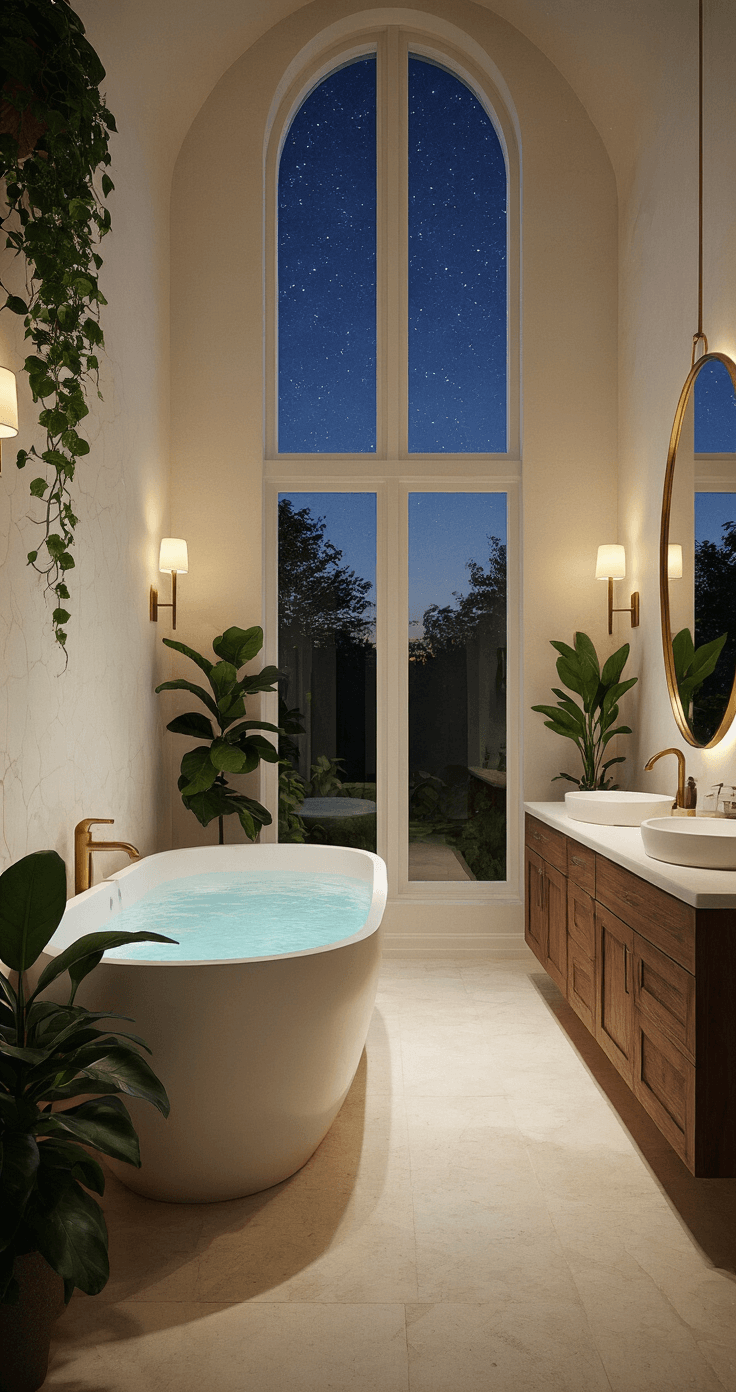 A luxurious organic modern master bathroom at twilight, featuring a freestanding oval tub, double walnut vanity with vessel sinks, warm greige feature wall, ambient lighting, and lush greenery, all captured from a low wide angle.