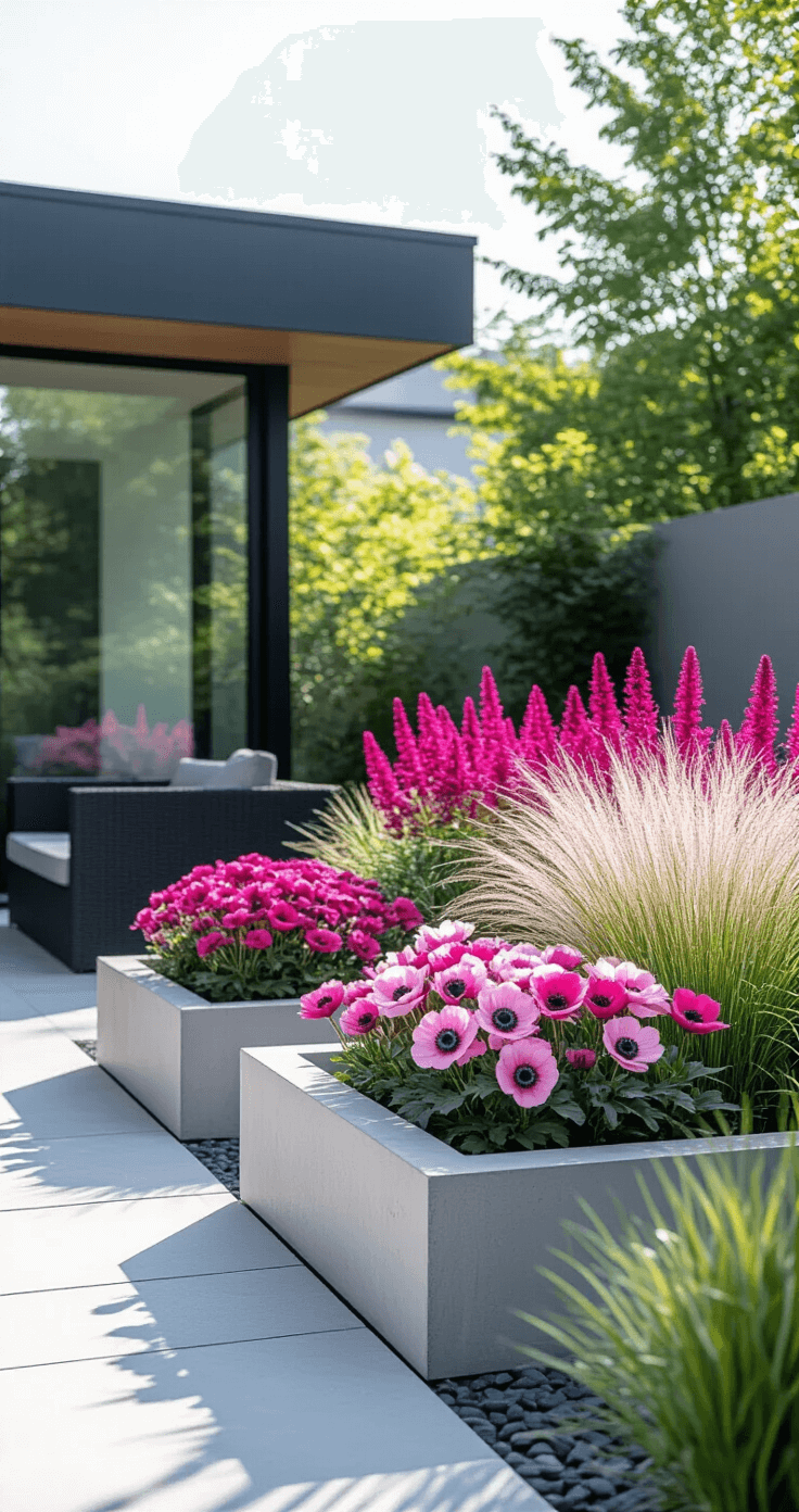 Modern minimalist garden terrace featuring raised concrete planters with pink flowers, including magenta astilbe and pale pink Japanese anemones, complemented by silvery-pink grasses and contrasting matte black furniture. The photo captures geometric patterns, sharp shadows, and reflections of garden elements in glass walls of a contemporary house.