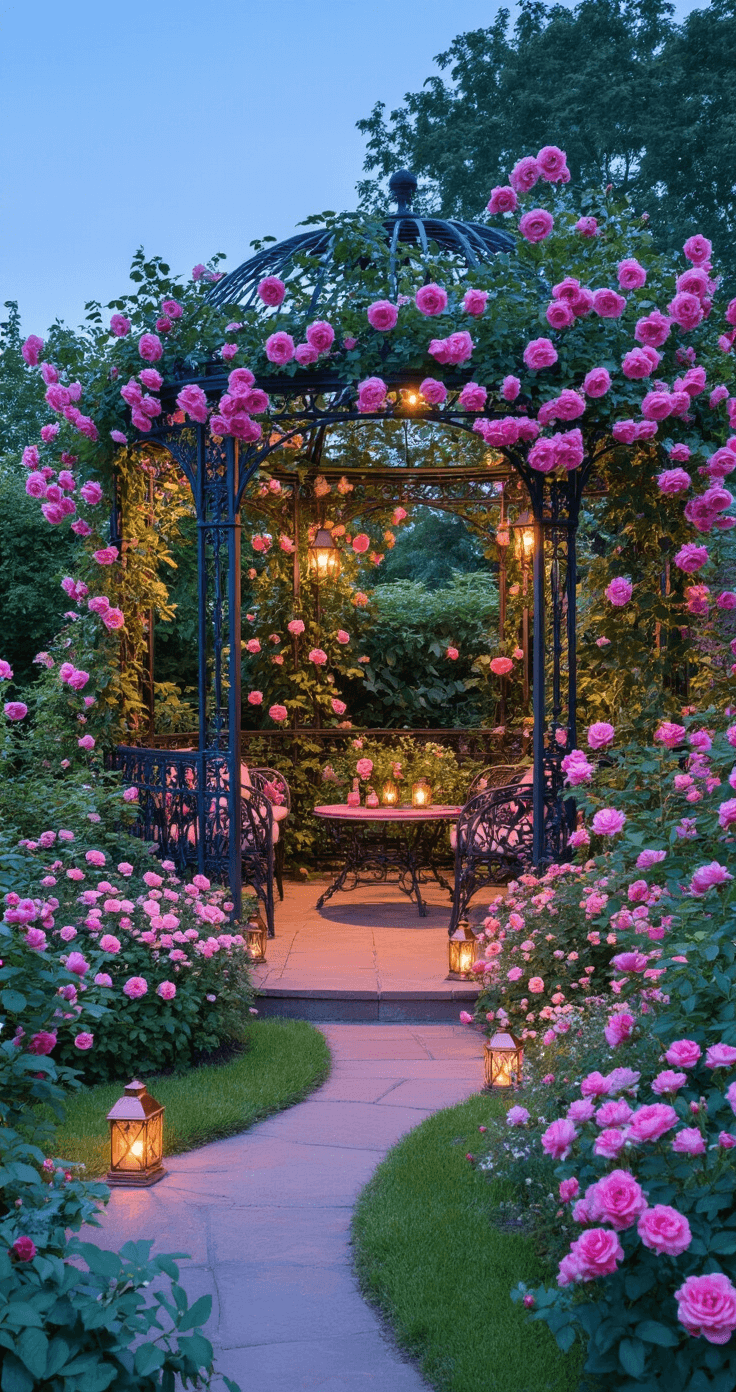 A romantic garden room at blue hour featuring a Victorian-style wrought iron gazebo adorned with climbing pink Eden roses and pink jasmine. The circular garden design showcases layers of pink delphiniums, phlox, and carpet roses, illuminated by warm copper lanterns. The gazebo is in sharp focus against a softly blurred backdrop of lush greenery, highlighting a color palette of dusty rose, deep green, and twilight blue.