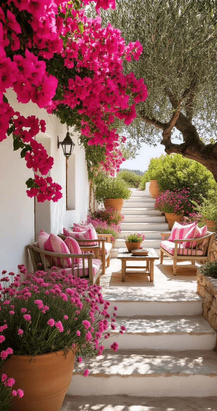 A sunlit Mediterranean garden terrace with whitewashed steps adorned with vibrant pink bougainvillea in terracotta pots, an ancient olive tree providing shade over a seating area with weathered teak furniture and pink striped cushions, surrounded by drought-tolerant pink valerian and rock roses, all captured in sharp detail with strong shadow patterns.