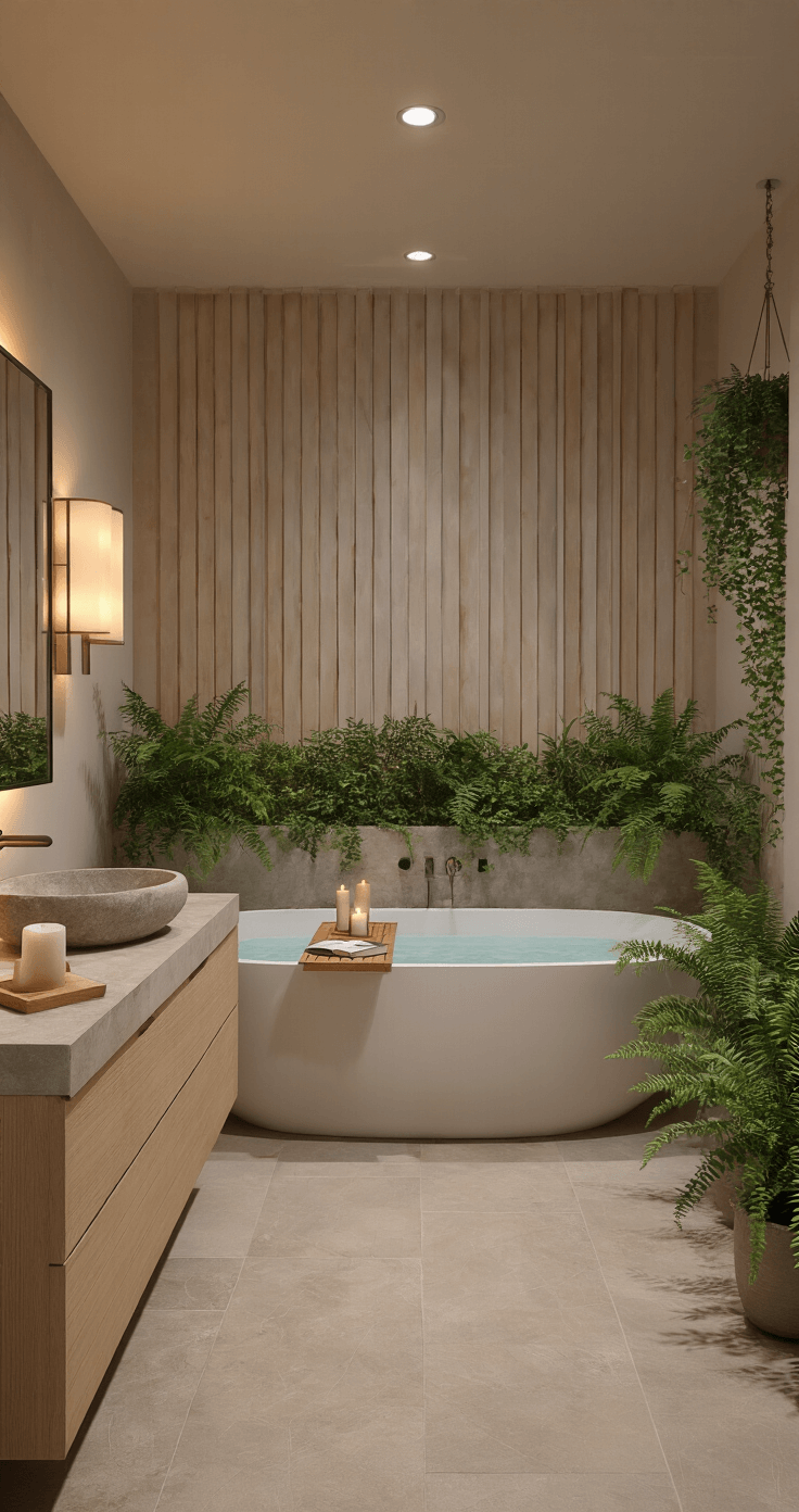 A serene organic modern bathroom at dusk featuring a freestanding oval tub, wooden bath tray, floating bleached oak vanity, large frameless mirror, and lush greenery, all illuminated by warm dimmable sconces.