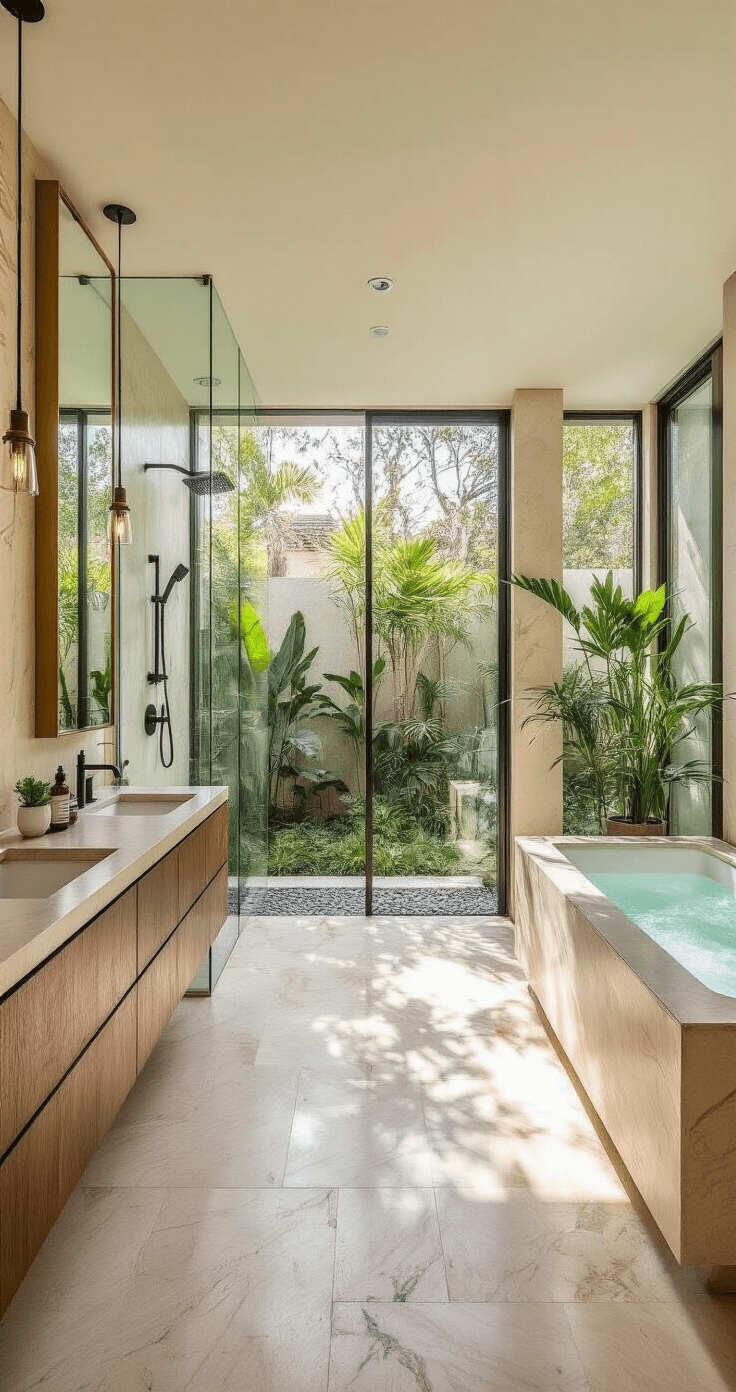 Elegant organic modern bathroom with floor-to-ceiling windows showcasing a private garden, featuring honed marble floors, spacious walk-in shower, double walnut vanity with matte black fixtures, two tall brass-framed mirrors, freestanding stone bathtub, and indoor plants, all bathed in early morning light.