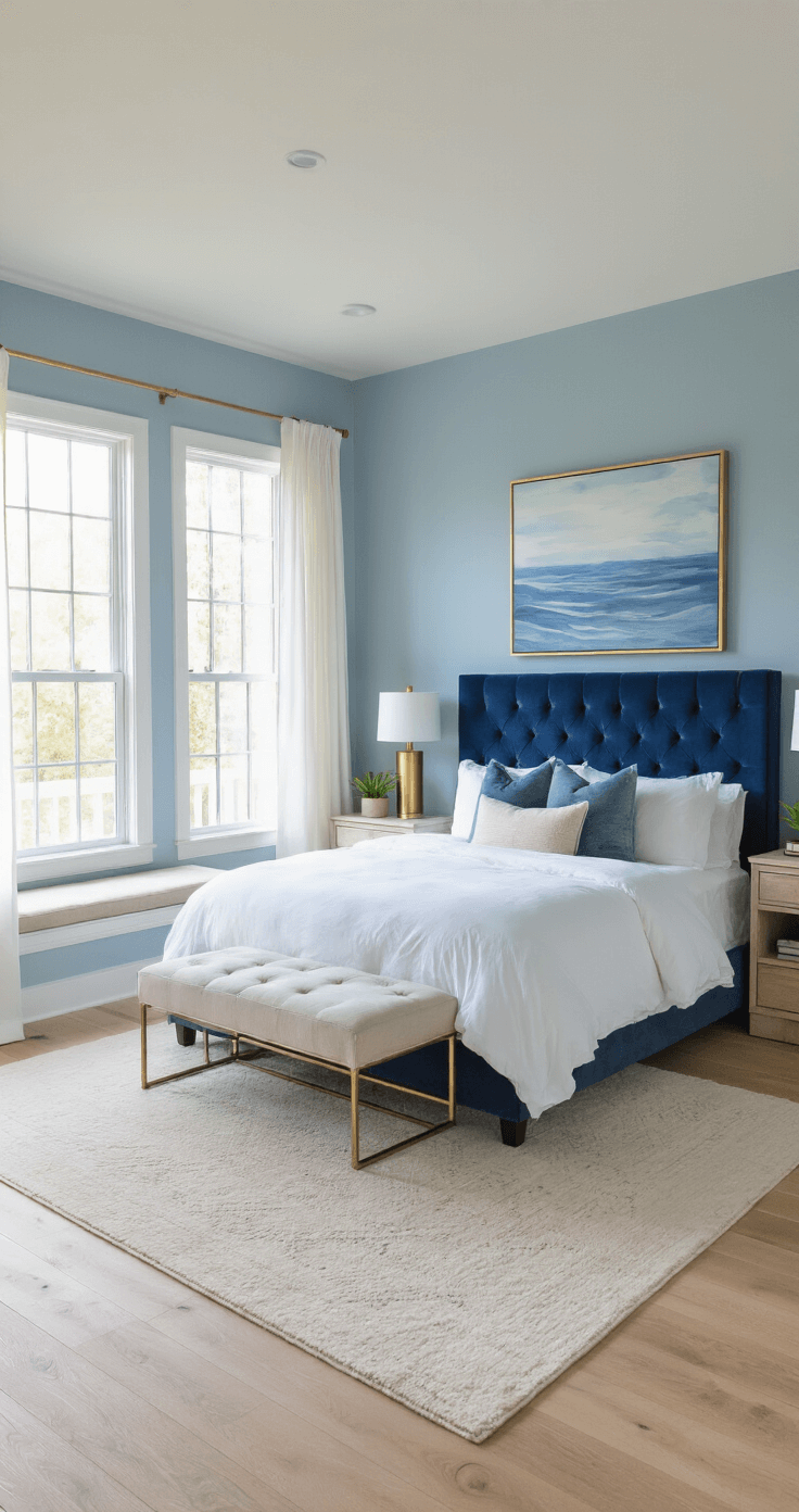 A spacious master bedroom featuring a king-size bed with white linens and a navy velvet headboard, illuminated by soft morning light. The calming sky blue walls complement large windows with sheer white curtains and a cozy window seat. Light oak flooring is accented by a plush cream area rug, while brushed gold lamps and potted plants adorn the bedside tables. An abstract seascape in blues and whites hangs above the bed, all captured from the doorway.