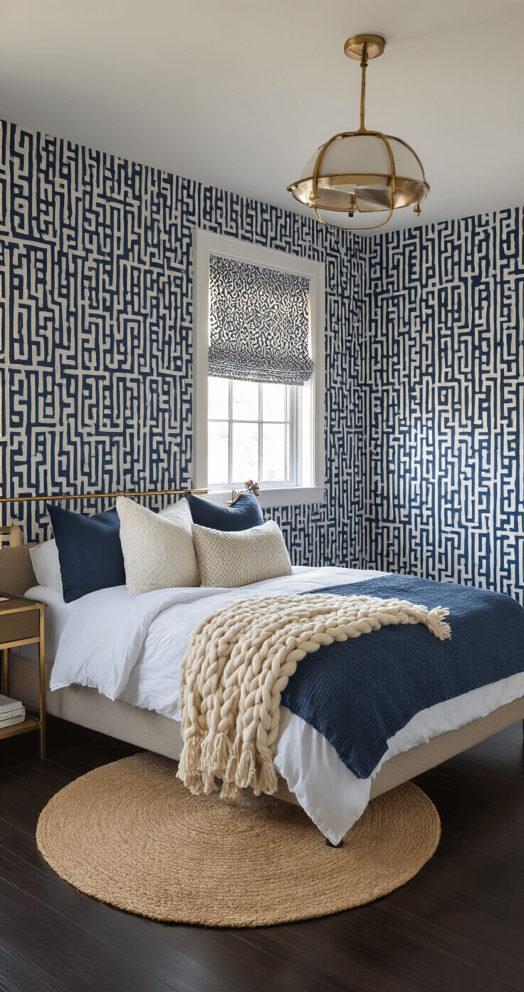 An intimate guest bedroom at twilight, featuring navy and white geometric wallpaper, a queen-size bed with white sheets, a cream knit throw, and blue pillows. Dark hardwood floors are softened by a round jute rug, and brass accents include a statement light fixture. The camera captures the cozy ambiance from a high corner angle.