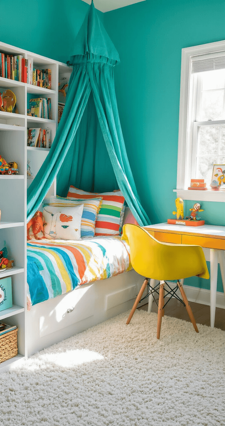 A bright and cheerful child's bedroom with turquoise walls, a twin bed with colorful striped bedding and a canopy, built-in white bookshelves filled with books and toys, a sunny yellow mid-century chair at a desk, and vibrant orange and green decor, all illuminated by afternoon sunlight.