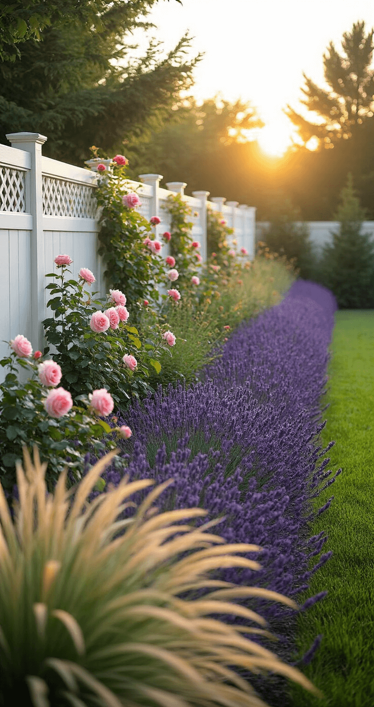 A tranquil backyard garden at golden hour featuring a tall cedar raised bed along a white fence, adorned with blooming climbing roses and fragrant French lavender, captured at eye level with soft natural light accentuating the textures and dew.