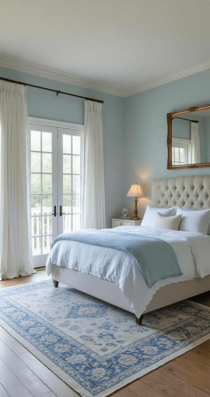 A tranquil primary bedroom at dusk with soft powder blue walls, a California king bed dressed in crisp white and pale blue linens, a tufted linen headboard, and French doors leading to a small balcony. Flowing white curtains, weathered white oak flooring, and a vintage-inspired blue and cream patterned area rug create a serene atmosphere, complemented by antique brass sconces and a large ornate mirror reflecting warm light.