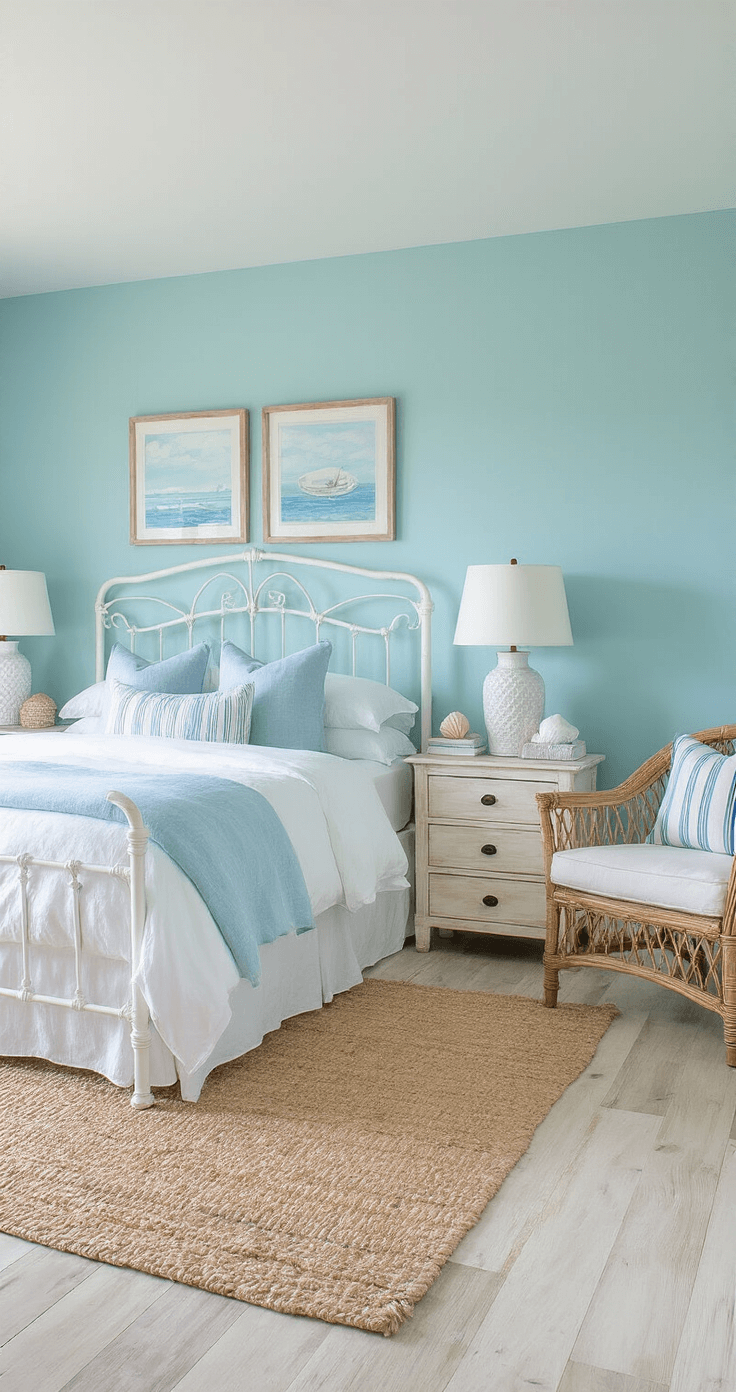 A bright coastal-inspired guest room featuring aqua blue walls, a full-size white iron bed with linen bedding, distressed wood nightstands with ceramic lamps, a rattan armchair, and a natural fiber rug, illuminated by midday light to create a fresh, airy atmosphere.