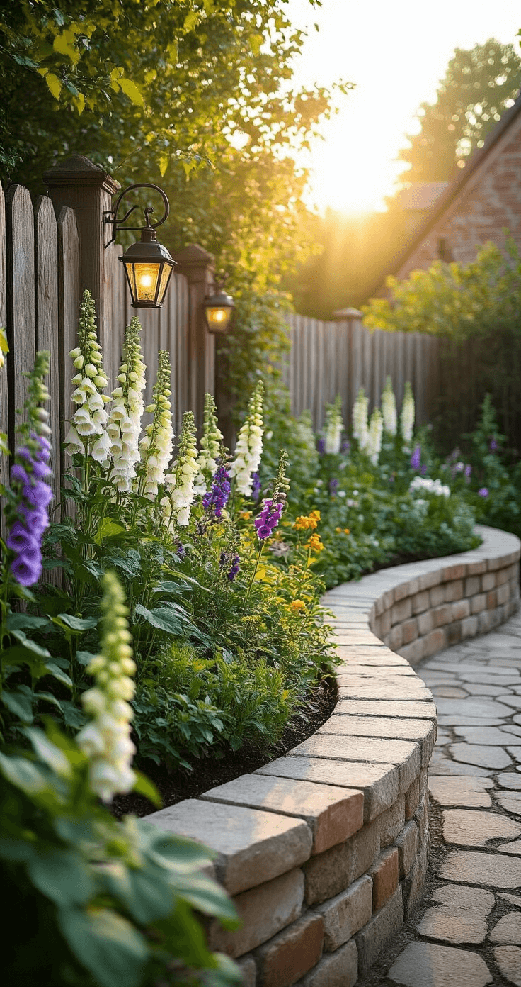 Cottage-style raised bed made of natural stone and aged brick, filled with foxgloves, delphiniums, and climbing clematis, photographed in late afternoon sunlight with vintage garden artifacts and solar lanterns, taken from ground level to emphasize abundant planting and foreground texture.