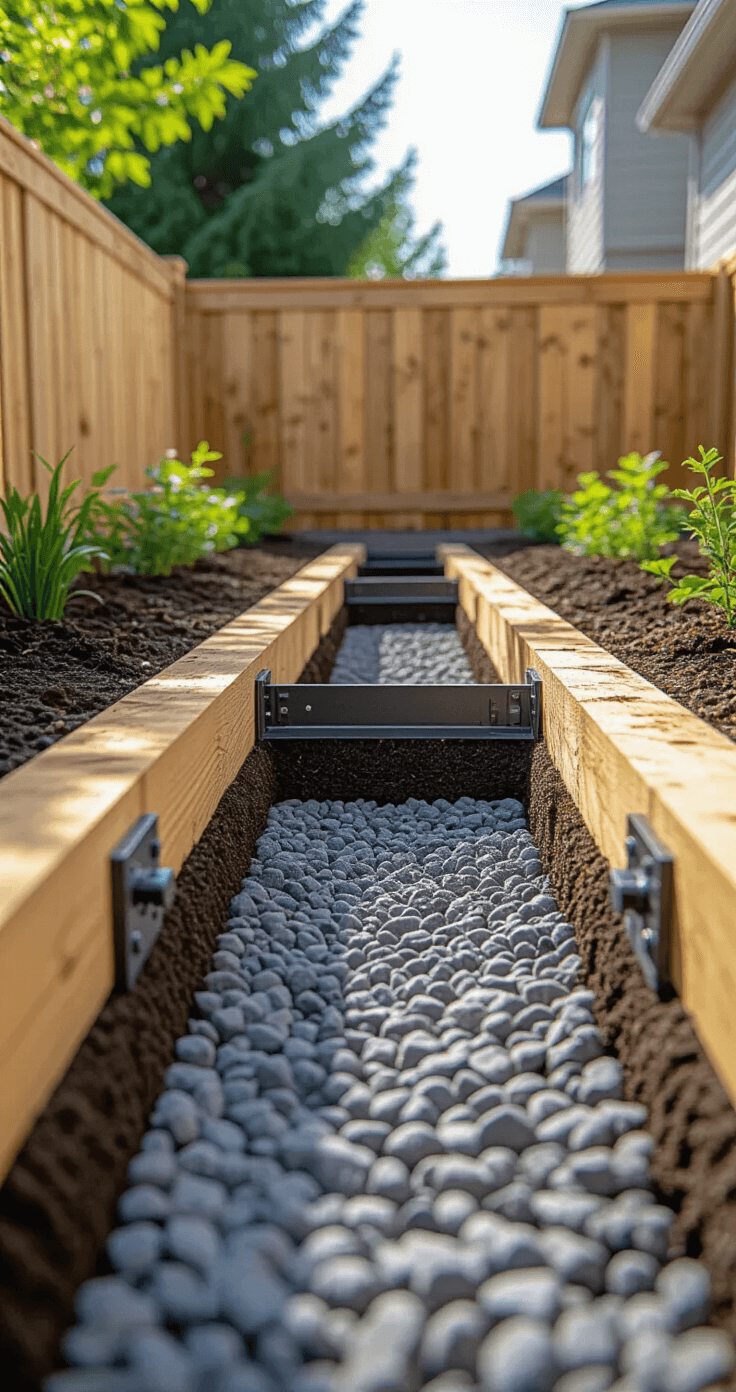 Close-up view of a professional drainage system in a newly built raised bed, showcasing exposed gravel, landscape fabric, and soil layers, with industrial metal brackets at corners, set against a cedar fence, enhanced by strong directional lighting.