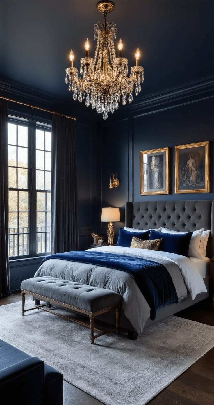 A sophisticated primary bedroom featuring deep cobalt blue walls, a king-size charcoal grey upholstered bed with jewel-toned velvet pillows, and a silk duvet. The room is illuminated by warm evening light from floor-to-ceiling windows draped in heavy charcoal curtains, with dark hardwood floors and a plush grey area rug. A crystal chandelier adds a soft glow, while gold-framed mirrors and artwork enhance the glamour, creating a moody, opulent atmosphere.
