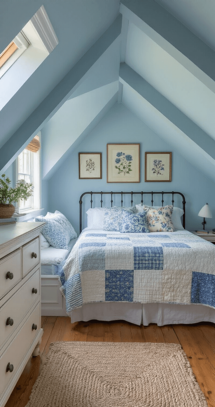 A cozy attic bedroom with slanted cornflower blue ceilings, a double iron bed covered in a blue and white patchwork quilt, a dormer window with a patterned pillow-filled window seat, wide plank pine flooring with rag rugs, a distressed white vintage dresser, and wildflower prints on the walls, all illuminated by soft morning light.