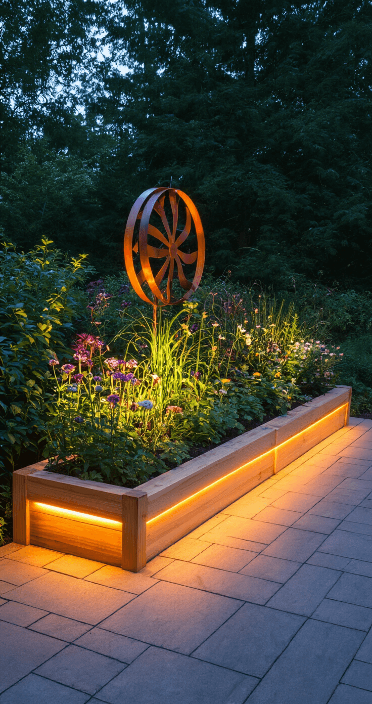Twilight garden scene with illuminated cedar raised beds featuring mixed perennial plantings, accented by copper garden art casting shadows, captured from a corner angle with long exposure for dramatic lighting effects.