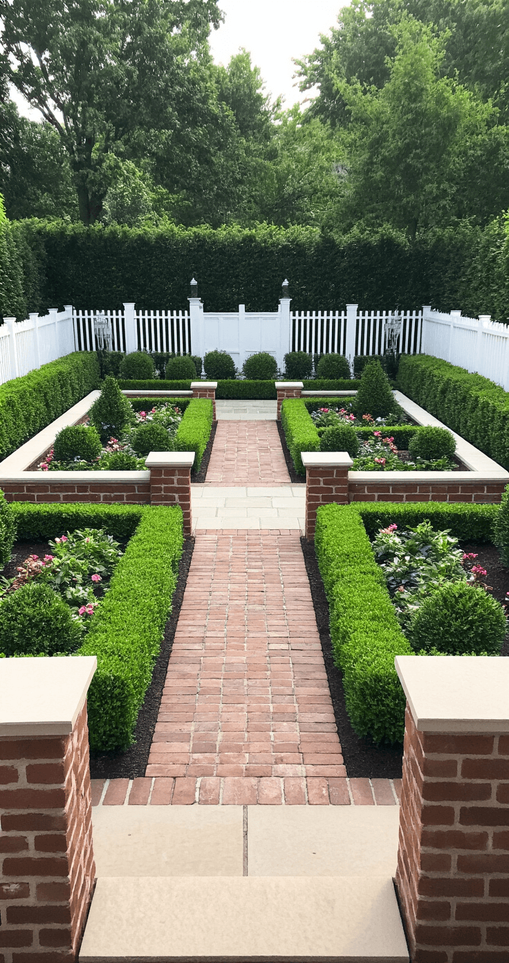 Symmetrical formal garden featuring matching raised beds, classic brick construction with limestone caps, bordered by a traditional white fence and manicured boxwood, showcasing geometric balance in even morning light.