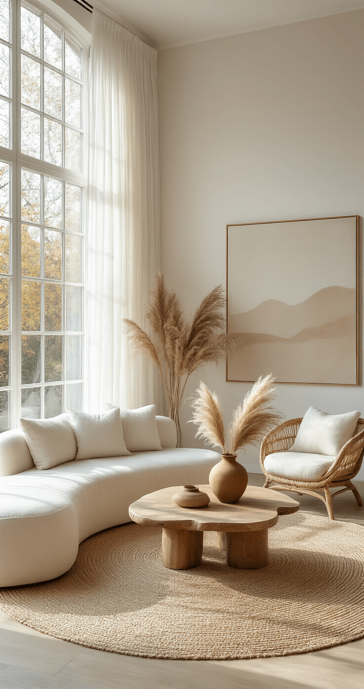 Spacious living room with floor-to-ceiling west-facing windows, featuring a cream-colored linen sofa, rattan armchairs, a jute rug, a live-edge wooden coffee table, and a large abstract canvas, all bathed in warm afternoon light.