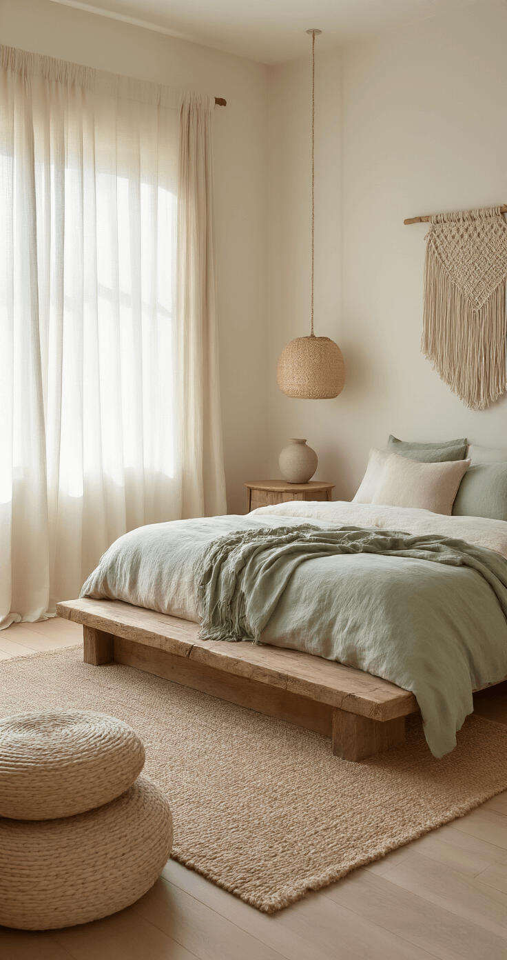Cozy 12x14ft bedroom with reclaimed wood platform bed, organic cotton bedding, round nightstands with ceramic lamps, woven jute pouf, and macramé wall hanging, illuminated by soft morning light.