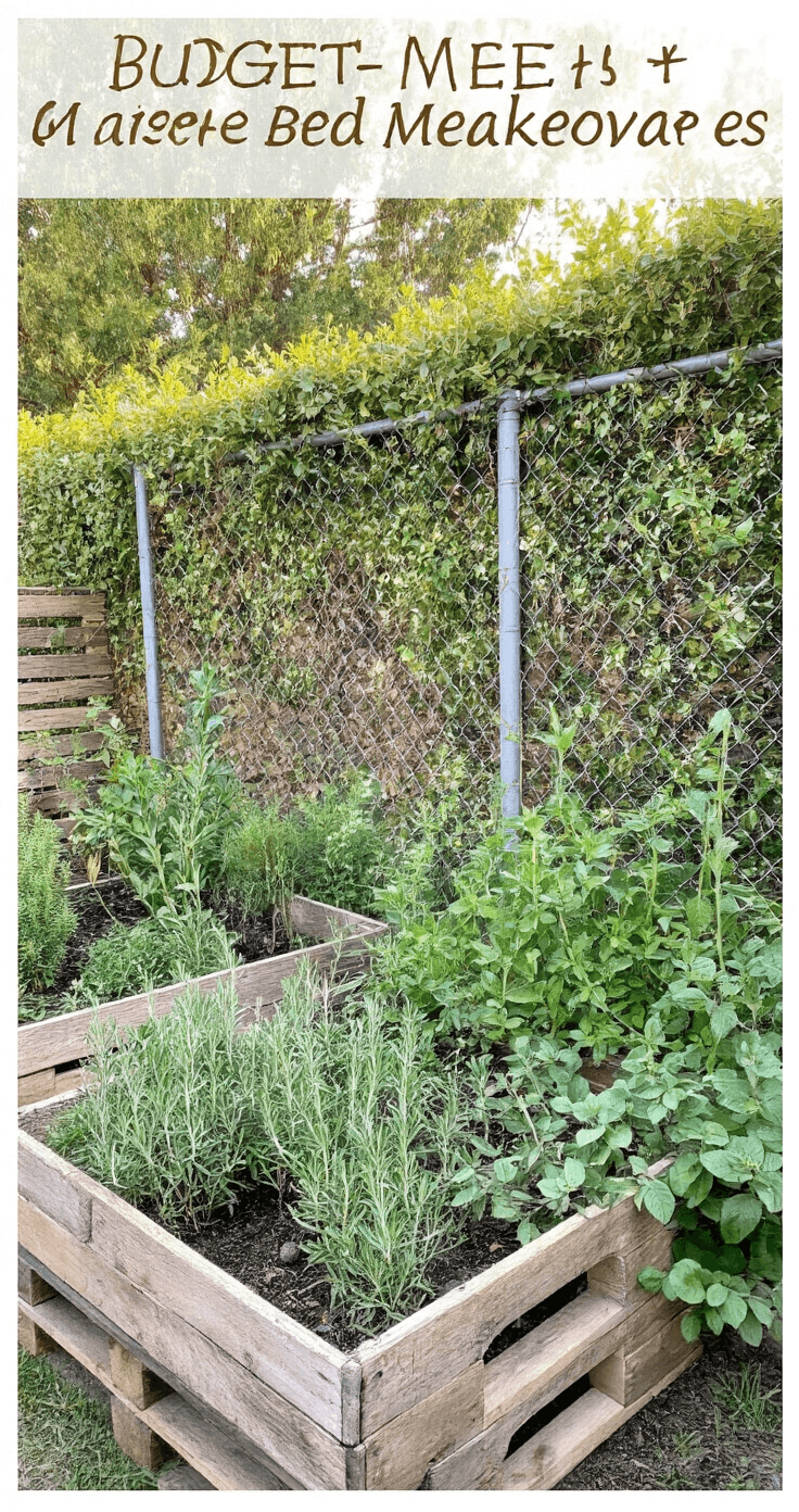A documentary-style shot of rustic raised beds made from repurposed wooden pallets, filled with a mixed herb garden featuring rosemary, sage, and thyme, positioned along a chain-link fence covered in climbing jasmine, all illuminated by natural light with a warm color grade.