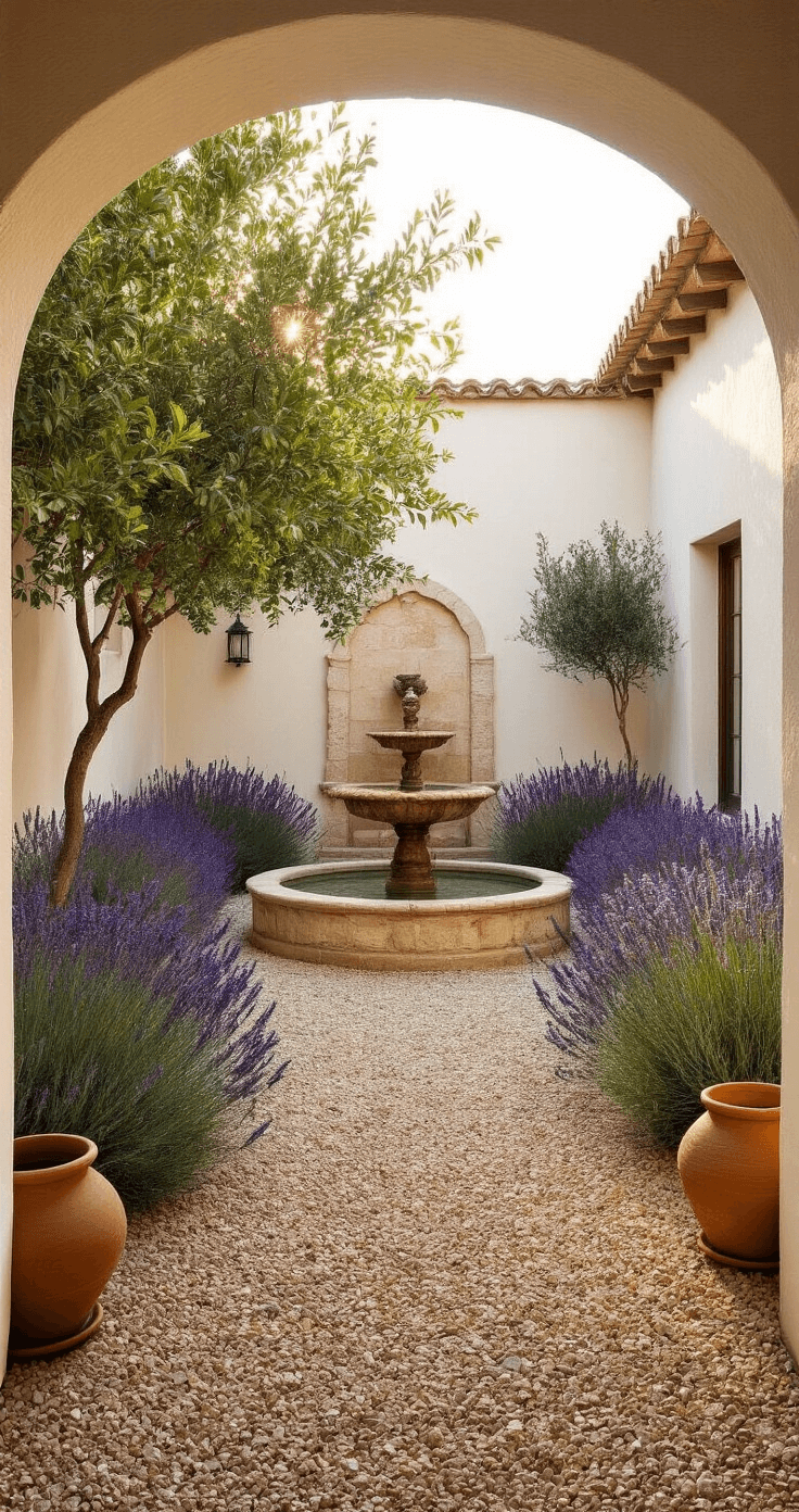 A serene Mediterranean gravel courtyard at golden hour, featuring a central stone fountain surrounded by lavender and ornamental grasses, with terracotta pots in the corners and warm lighting highlighting the textures of the walls and gravel.