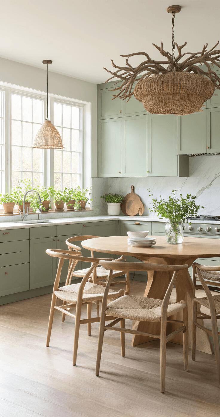 An open-concept kitchen-dining area with sage green handle-less cabinets, raw-edge light marble countertops, a large island, wooden bar stools, a round wooden dining table, mid-century chairs, and a driftwood chandelier, all bathed in late morning sunlight.